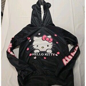 Hello Kitty Hoodie with Ears Women's Small Black Kawaii Anime Character Pullover